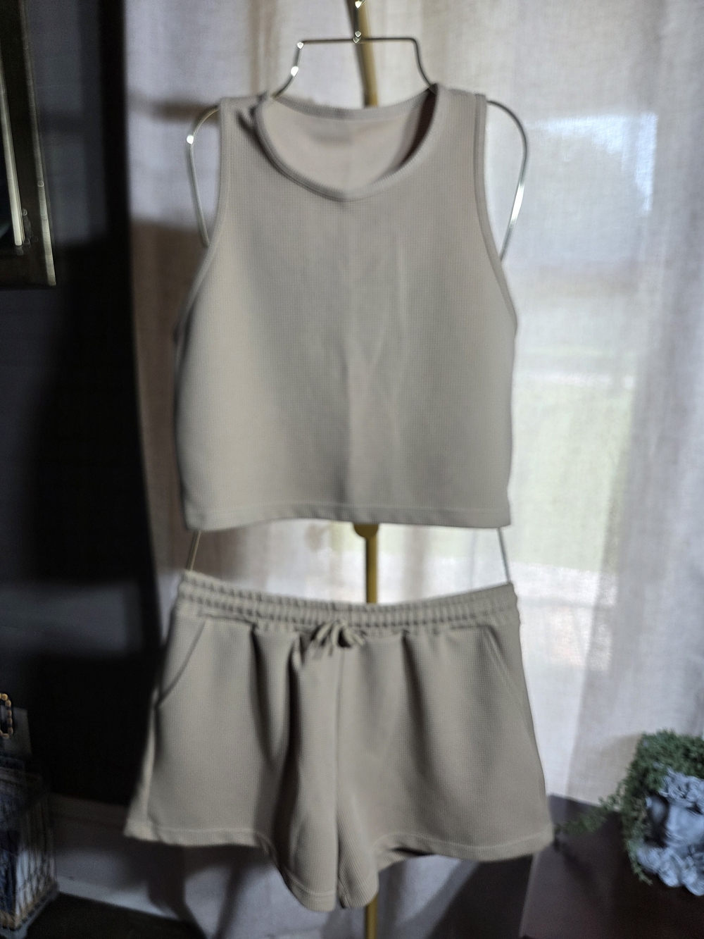 Women's Taupe Ribbed Tank Jumpsuit Romper Set